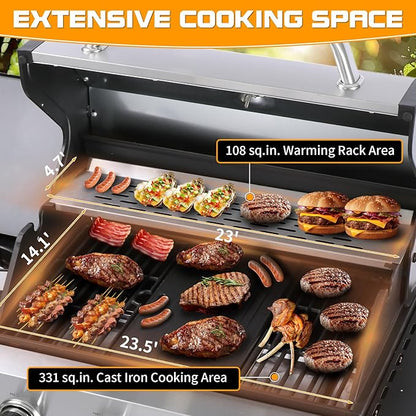 CIG GARDEN 4 Burner Propane Gas Grill with Side Burner, 52,000 BTU BBQ Grill with Cast Iron Grates and Double-layer Stainless Steel Lid, Outdoor Barbecue Grill Perfect for Balcony, Backyard, Camping