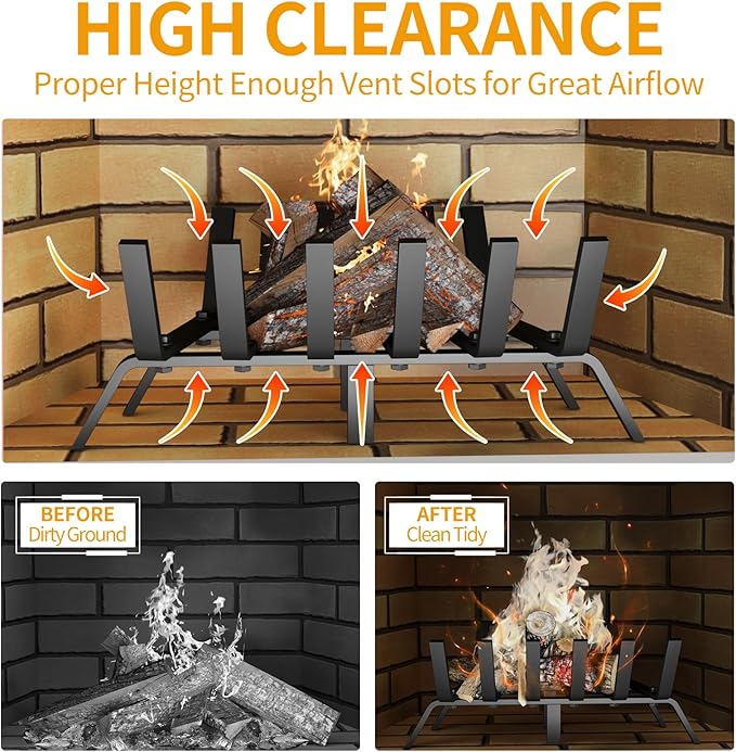 Heavy Duty 17Inch Fireplace Grate, Solid Steel Log Rack for Wood Burning, Extra Wide Firewood Grates for Indoor Fireplace & Outdoor Fire Pit, Wood Stove Grate