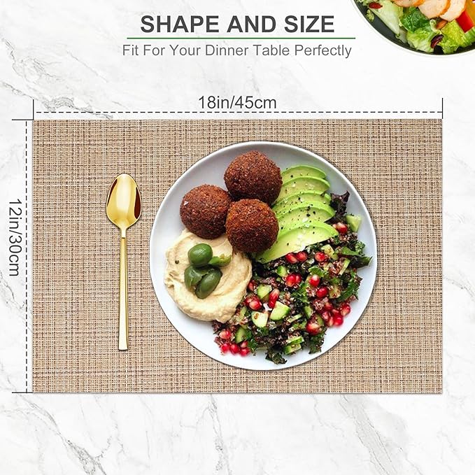 BETEAM Placemats Set of 6, Woven Vinyl Placemat for Dining Table Washable Wipeable Kitchen Place Mats Durable Indoor Outdoor Table Mats