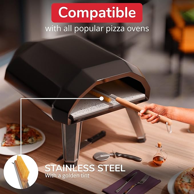 26” Pizza Oven Brush with Stone Scraper - Heat Resistant Stainless Steel Bristles, Extra Long Handle - Compatible with Ooni Ovens - Includes Spare Head