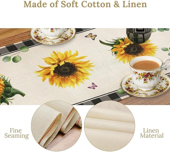 Sunflower Table Runner, Buffalo Floral Seasons Spring Summer Fall Table Runner for Kitchen Dining Farmhouse Home Party Outdoor 13x70in