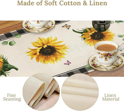 Sunflower Table Runner, Buffalo Floral Seasons Spring Summer Fall Table Runner for Kitchen Dining Farmhouse Home Party Outdoor 13x36in