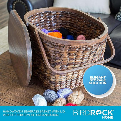 BirdRock Home Seagrass and Abaca Picnic Basket with Wood Lid | Hand Woven | Espresso | Decorative Latch | Wooden Top | Home Décor | Folding Handles