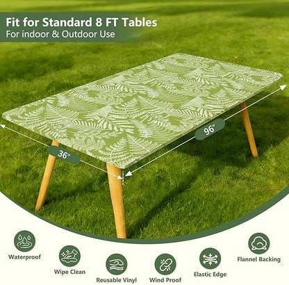 Rectangle Picnic Table Cloth, Elastic Waterproof Fitted Vinyl Tablecloths for 8 Foot Tables, Wipeable Flannel Backed Table Covers for Dining, Camping, Outdoor(Green Leaves,36"x96")
