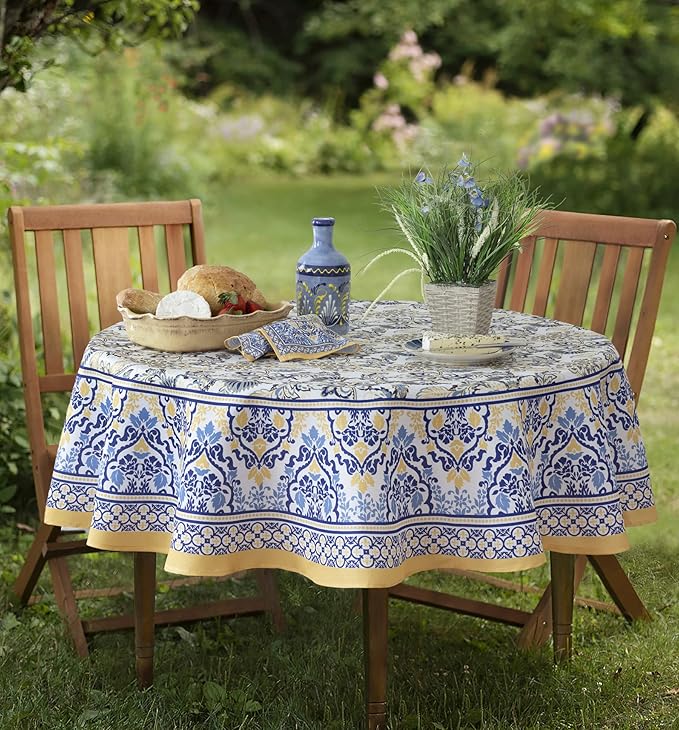 Home Bargains Plus Rectangle Fabric Napkins, Set of 8 Napkins, Allure Yellow and Blue Floral Bordered Print, Indoor Outdoor Stain and Water Resistant Napkins, Provence French Country