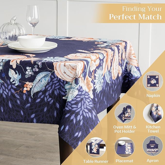 Maison d' Hermine Table Cloth Rectangle Table 100% Cotton 70 x 120 Inches Fall Tablecloth Reusable Everyday Use for Thanksgiving Christmas Decorations Dining Farmhouse Party (Pumpkin Blues)