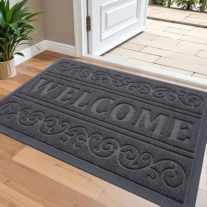 OLANLY Welcome Door Mat Indoor Outdoor Entrance, Heavy Duty Sturdy Front Door Mat, Waterproof All-Weather Doormat, Stain Resistant, Low Profile, Easy Clean Patio Entryway Mat, 36 x 24, Medium Grey