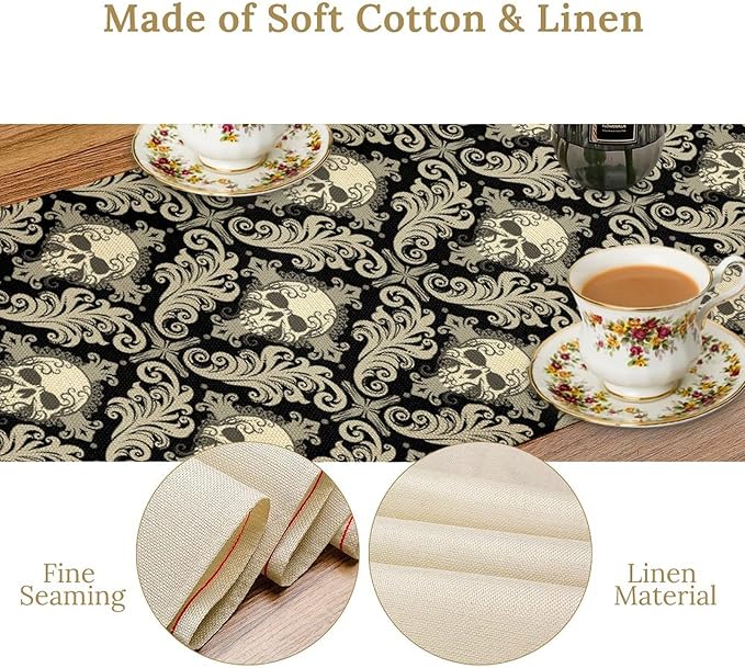 Skull Table Runner, Retro Antique Gothic Damask Pattern Classic Halloween Boho Black Coffee Vintage Table Center Decor for Kitchen and Dining Outdoor Home Country Party Table Decorations, 13"x36"