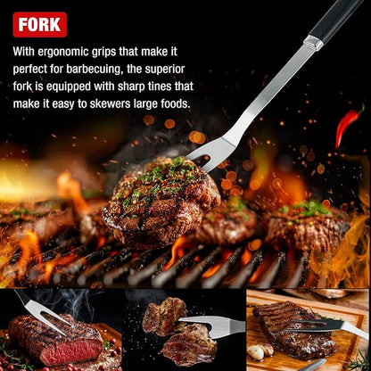 BBQ Grill Tools Set - Premium Stainless Steel Spatula, Tongs & Fork for Outdoor Cooking - Grilling Accessories Kit Gift for Men/Women, Dad, Grilling Lovers