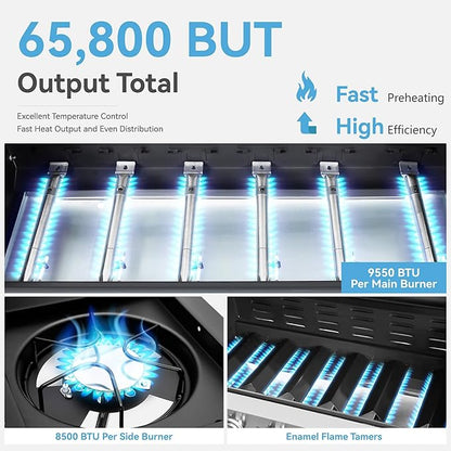 6 Burner Propane Gas BBQ Grill with Side Burner & Porcelain-Enameled Cast Iron Grate, 65,800 BTUs Barbecue Grill 665 Sq. In. Grilling Area, Outdoor Propane Grill for Camping Patio Backyard Cooking