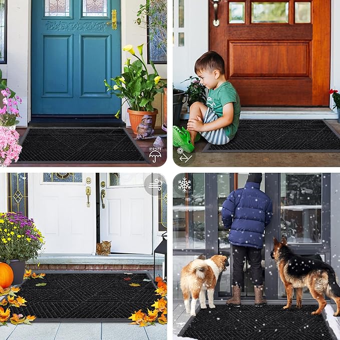 Smiry Front Door Mat Outside Entrance, Heavy Duty Sturdy Natural Rubber Doormat, Trap Dirt and Moisture, Easy Clean Low Profile Mats for Indoor Outdoor Entry, Irregular Triangle (36x24, Black)
