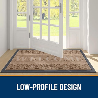 OLANLY Welcome Door Mat Indoor Outdoor Entrance, Heavy Duty Sturdy Front Door Mat, Waterproof All-Weather Doormat, Stain Resistant, Low Profile, Easy Clean Patio Entryway Mat, 47 x 32, Light Brown