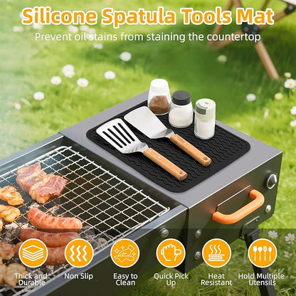 Grill Accessories, 14x11 Inch Silicone Heat Resistant Mat, BBQ Tool Rest Pad for Blackstone Griddle Side Shelf, Weber, Traeger, Outdoor Kitchen Countertop Protector (Black)