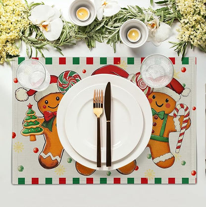 Gingerbread Man Christmas Placemats Set of 4 Candy Cane Xmas Seasonal Holiday Linen Table Mats Red Green Orange Winter Washable Place Mats for Party Kitchen Dining Outdoor Indoor Decor