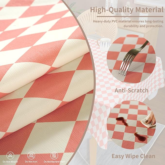 Rectangle Table Cloth,100% Waterproof Tablecloth Oil Proof Spill Proof Vinyl Table Cloth, Wipe Clean Plastic Table Cover for Dining, Camping, Indoor and Outdoor 54" x 78"Pink Checkered