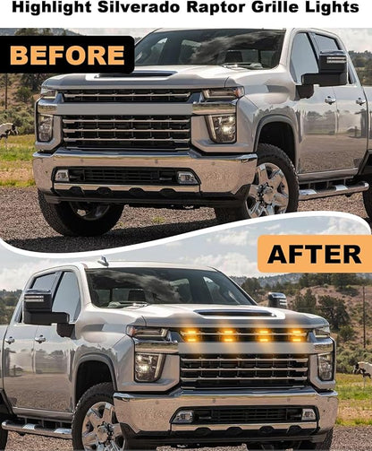 LED Grill Light for 2025 2024 Chevrolet Silverado Raptor Grille Lights Amber Warning Front Bumper Lamp 2019-2023 Silverado Accessories 4Pcs (Yellow)