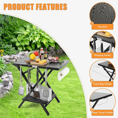 Folding Grill Table with Extra Storage Bottom Shelf, Indoor & Outdoor Prep Table with Garage Rack & Tissue Holder, Pizza Oven Stand for Pizza Oven & Blackstone Griddle, 30" x 24", Black