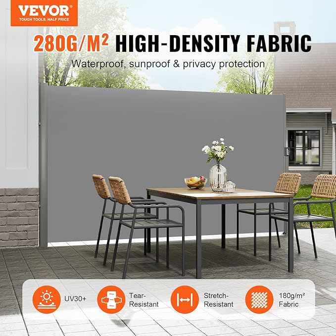 VEVOR Retractable Side Awning, UV 50 71''x118'' Full Aluminum Rust-Proof Outdoor Privacy Screen, 280 g Thicken Folding Room Divider Fence & Wind Screen for Backyard, Balcony, Roof Terraces, Grey
