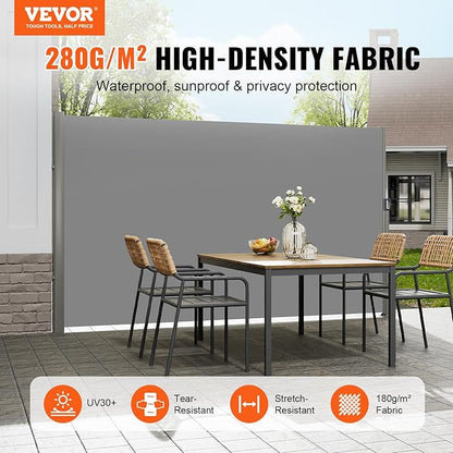 VEVOR Retractable Side Awning, UV 50 63''x 118'' Full Aluminum Rust-Proof Outdoor Privacy Screen, 280 g Thicken Folding Room Divider Wind Screen, for Patio Sun Shade, Backyard, Balcony, Gray