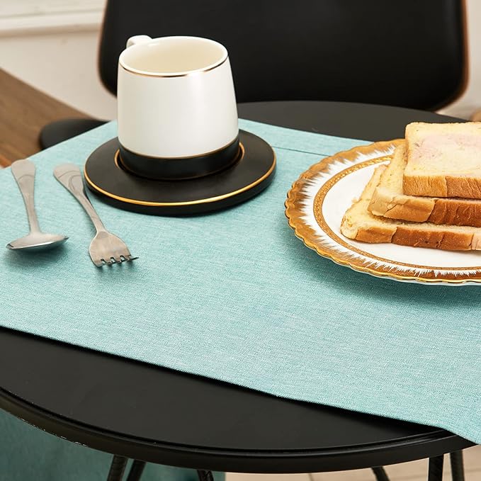 Mebakuk Linen Farmhouse Table Runner Large Burlap Style Soft and Waterproof Decorative Fabric Runner for Outdoor Wedding and Dinner (14 x 144 Inch, Turquoise Blue)