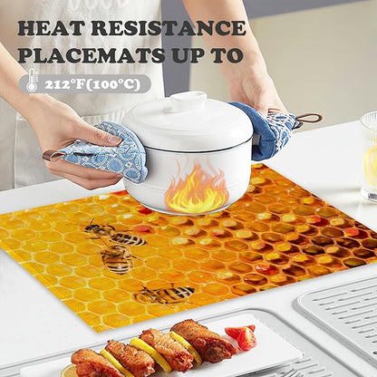 Honey Bee Placemats Set of 6 Linen Heat Resistant,Yellow Honeycomb Table Mats Washable Rustic Place Mats Decoration for Home Kitchen Dining Room Party 12x18 Inch