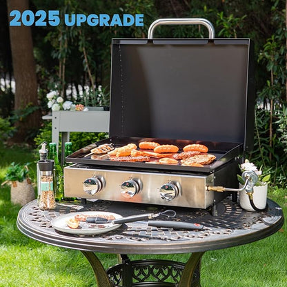 GREEN PARTY 22 inch Tabletop Griddle with Ceramic Coated Cast Iron Plate, 3 Burners Flat Top Griddle, Portable Propane Gas BBQ Grill Griddle for Kitchen Outdoor Cooking Barbecue Camping Tailgating