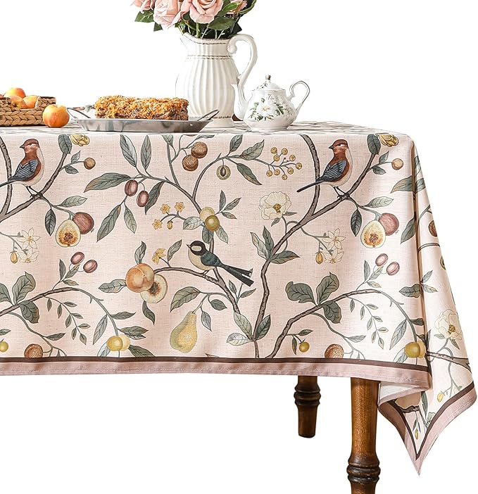 Linen Table Cloth Rectangle,Wrinkle Resistant French Pink Tablecloth Print with Froal,Decor Stitch Table Cloth for Thanksgiving,Dining Room,Home,Kitchen 63" × 87"-Dewey A