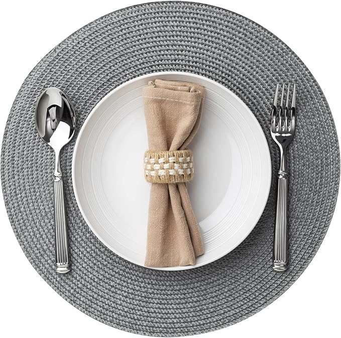 Round Placemats Set of 8 Plastic Woven Placemats Washable Wipeable Table Mats for Dining Table Heat Resistant Non-Slip Circle Place Mats (Gray)