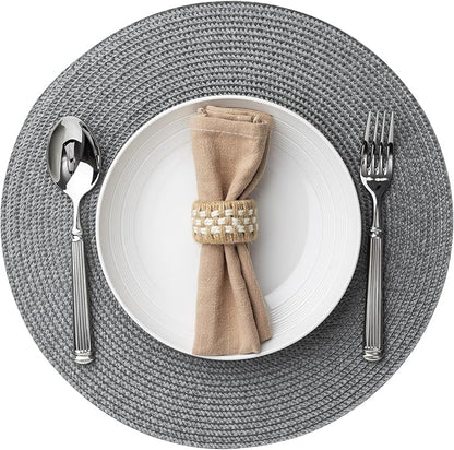 Round Placemats Set of 8 Plastic Woven Placemats Washable Wipeable Table Mats for Dining Table Heat Resistant Non-Slip Circle Place Mats (Gray)