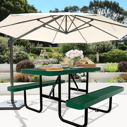 4FT Picnic Tables for Outdoors, Rectangular Commercial Metal Picnic Table Bench Set with Umbrella Hole,Heavy Duty Steel Weather-Resistant Dining Table for Patio Dining Garden Backyard BBQ School
