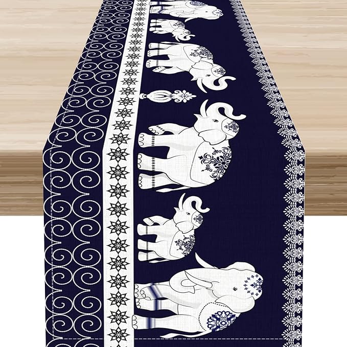 Boho Elephant Table Runner, Rustic African Tribal Traditional Diwali India Ethnic Folk Rustic Blue Coffee Table Center Decor for Home Kitchen Dining Holiday Party Outdoor Table Decorations, 13"x108"