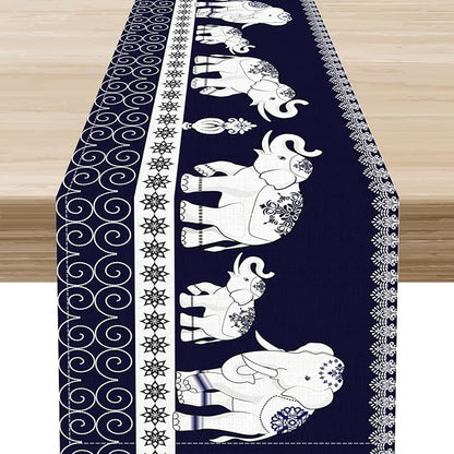 Boho Elephant Table Runner, Rustic African Tribal Traditional Diwali India Ethnic Folk Rustic Blue Coffee Table Center Decor for Home Kitchen Dining Holiday Party Outdoor Table Decorations, 13"x108"