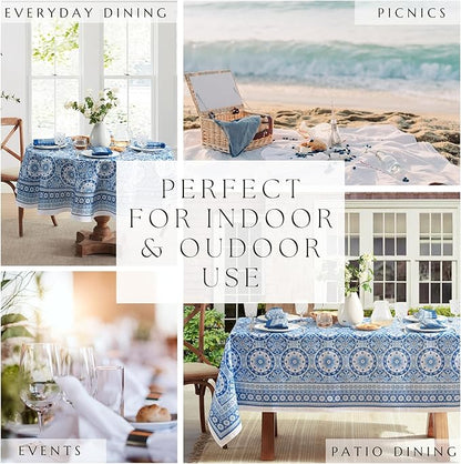 Elrene Home Fashions Vietri Medallion Blue Coastal Block Print Stain & Water Resistant Indoor/Outdoor Table or Console Runner, 13"x70"