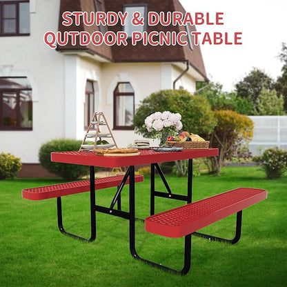 4FT Picnic Tables for Outdoors, Rectangular Commercial Metal Picnic Table Bench Set with Umbrella Hole,Heavy Duty Steel Weather-Resistant Dining Table for Patio Dining Garden Backyard BBQ School