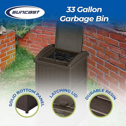 Suncast 5 Pack 33 Gallon Durable Plastic Hideaway Outdoor Garbage Can with Secure Lid & Wicker Design for Home Backyards, Decks, or Patios, Java Brown