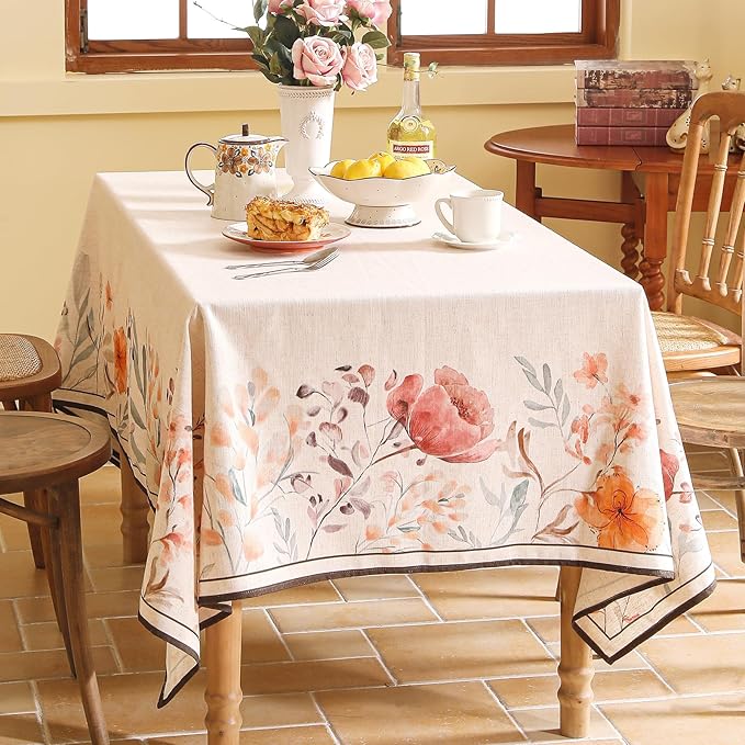 Linen Rectangle Tablecloth,French Vintage Pink Floral Pattern Wrinkle Free Table Cloth,Decorative Table Cover for Kitchen,Dining,Tea Party,Thanksgiving,Christmas,63"*87"-Sloosa