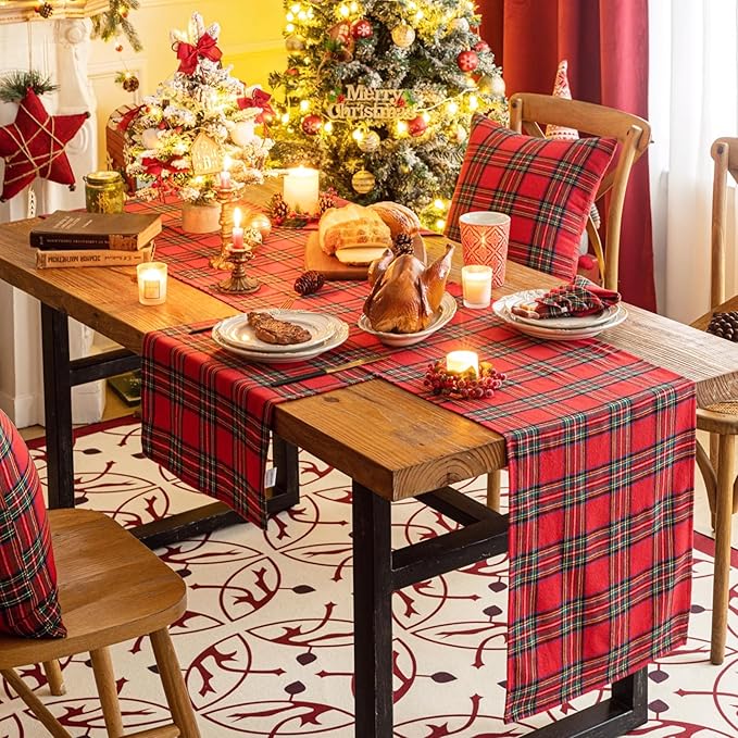 Red Green Plaid Christmas Table Runner, Winter Holiday Table Runners 108 inches Long, Xmas Decorations Indoor Outdoor Farmhouse Home Kitchen Dining Party Decor