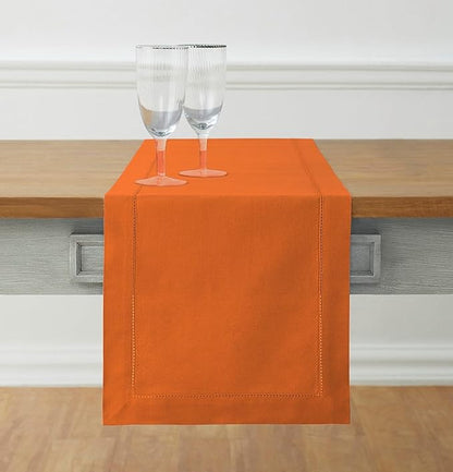 Solino Home Cotton Linen Table Runner 60 Inches - Pumpkin Hemstitch Table Runner 14 x 60 Inch Ideal for Dresser and Coffee Tables