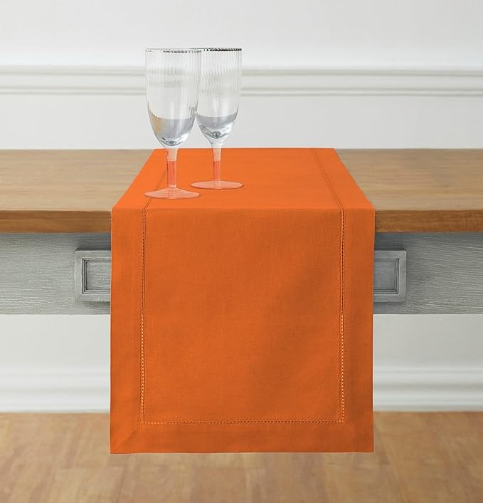 Solino Home Cotton Linen Table Runner 48 Inches - Pumpkin Hemstitch Table Runner 14 x 48 Inch Ideal for Dresser and Coffee Tables