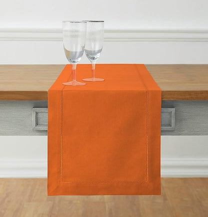 Solino Home Cotton Linen Table Runner 48 Inches - Pumpkin Hemstitch Table Runner 14 x 48 Inch Ideal for Dresser and Coffee Tables