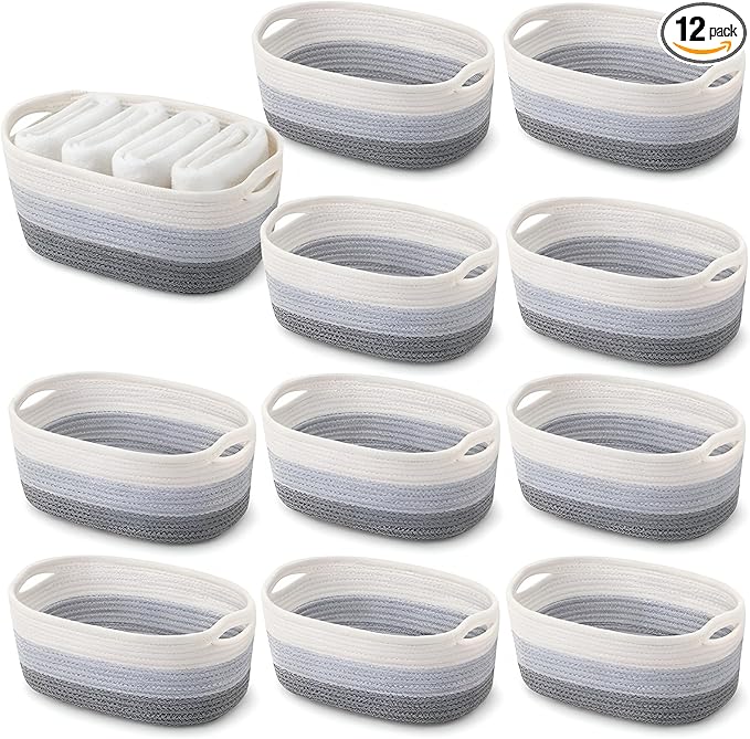 12 Pack Easter Woven Baskets for Gifts Empty Large Cotton Rope Square Storage Baskets with Handle for Organizing Shelves, Toys, Books, Towels, Clothes, 12.6" L x 8.7" w x 6" h(Gray)