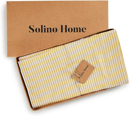 Solino Home Linen Table Runner 132 Inches Long - Narrow Stripe, 100% Pure Linen Spicy Mustard and White Table Runner 14 x 132 Inch for Dining, Spring, Easter