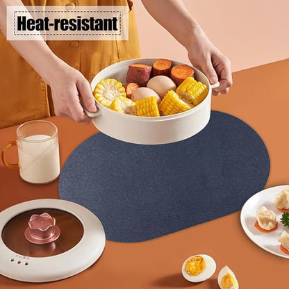 Reversible Placemats Set of 6 Waterproof Oval Faux Leather Placemat Navy Blue and Yellow PU Table Mats Heat Resistant Anti Slip Washable Place Mat for Indoor and Outdoor Dining Table