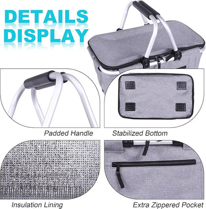 Picnic Basket, SIYUAN Collapsible Shopping Basket Insulated with 2 Handles 27L Large Cooler with Lid Portable Folding Grocery Market Tote Bag, Grey