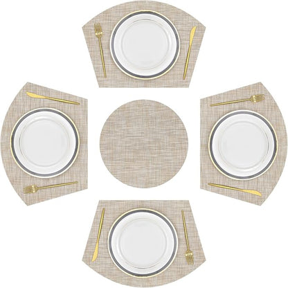 SHACOS Large Size Wedge Shape Placemats with Centerpiece Round Mat Set of 5 Round Table Place Mats Washable Dining Table Placemats Reversible, Beige