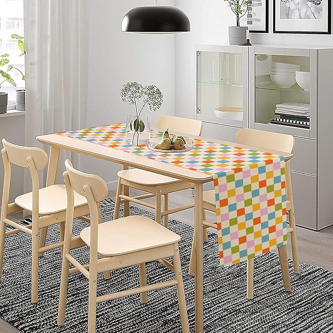 Retro Checkered Table Runner, 60s 70s Summer Seasonal Table Runners for Kitchen Dining Indoor Outdoor Holiday Home Wedding Party 13x120in
