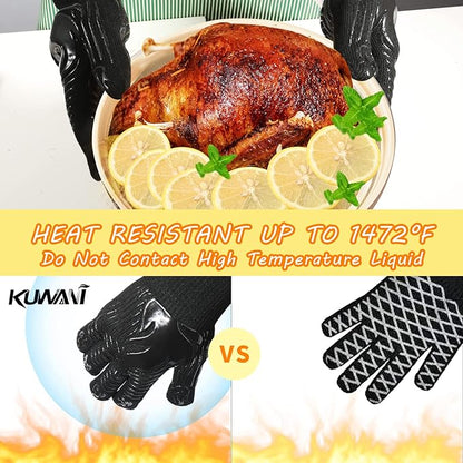 BBQ Gloves, 1472°F Heat Resistant Gloves Fireproof Mitts, Grilling Gloves Silicone Non-Slip Washable Oven Glove, Kitchen Glove for Barbecue, Grilling, Cooking, Baking, Camping, Smoker (Black)