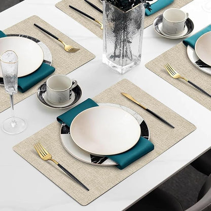 Faux Leather Heat Resistant Placemats Set of 8 – Waterproof Oilproof Wipeable Dining PU Vinyl Place Mat Easy Clean Table Mats for Kitchen/Dining/Party/Holiday, Beige