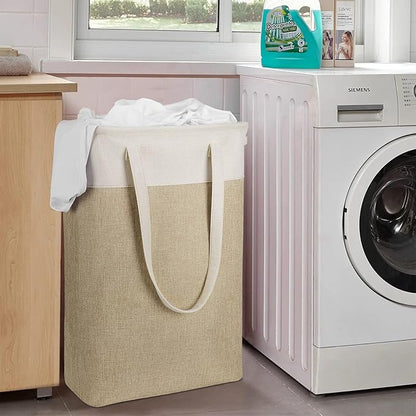 Laundry Hampers 15.2Lx7.5Wx23H Small&Tall Slim Fabric Laundry Baskets Thin Narrow Beige+Khaki Compact Hamper Capacity 43L for Space-Saving,QY-SC24-2