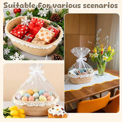 2 Pcs Small Wicker Hand-Woven Rattan Baskets with Clear Gift Bags and Lace Ribbons 12"X 8" X 5" for Baby Diaper Caddy Basket Baby Shower Gifts Easter Egg Storage